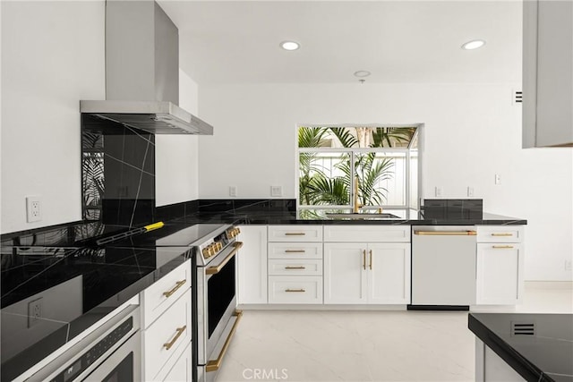 2122 Via Aguila, San Clemente, CA 92673 - kitchen featuring dishwasher, a sink, white cabinets, marble finish floor, and wall chimney exhaust hood