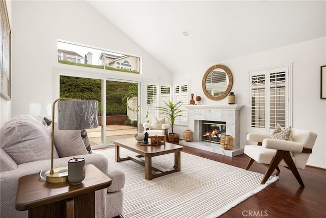2122 Via Aguila, San Clemente, CA 92673 - living area featuring high vaulted ceiling, a high end fireplace, and wood finished floors