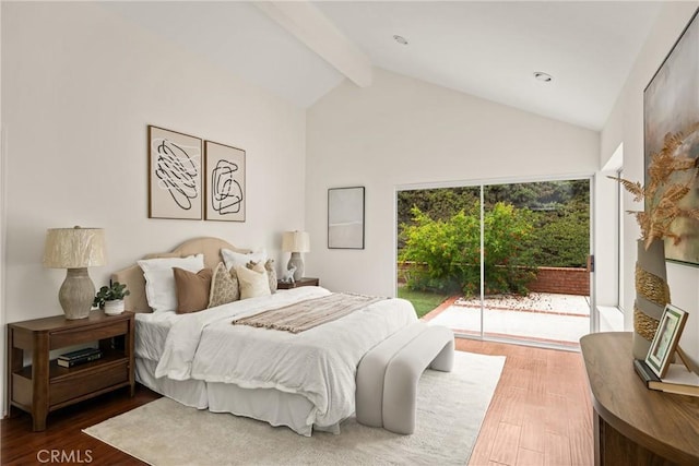 2122 Via Aguila, San Clemente, CA 92673 - bedroom with beamed ceiling, access to outside, wood finished floors, and high vaulted ceiling