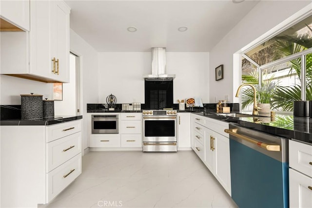 2122 Via Aguila, San Clemente, CA 92673 - kitchen with stainless steel appliances, island range hood, a sink, light marble finish floors, and dark countertops