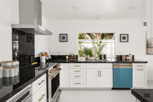 2122 Via Aguila, San Clemente, CA 92673 - kitchen featuring dishwashing machine, ventilation hood, a sink, electric stove, and white cabinets
