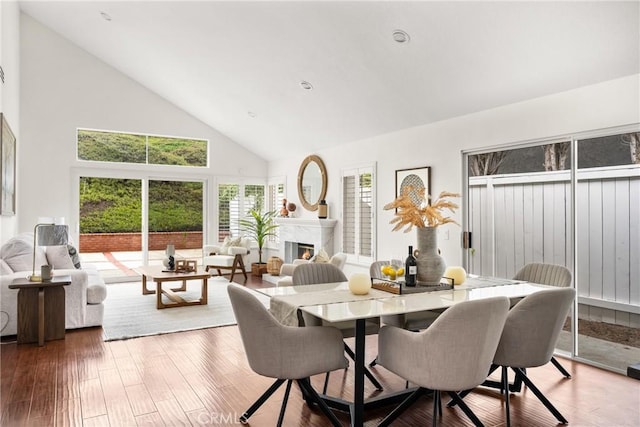 2122 Via Aguila, San Clemente, CA 92673 - dining room with high vaulted ceiling, a premium fireplace, and wood finished floors