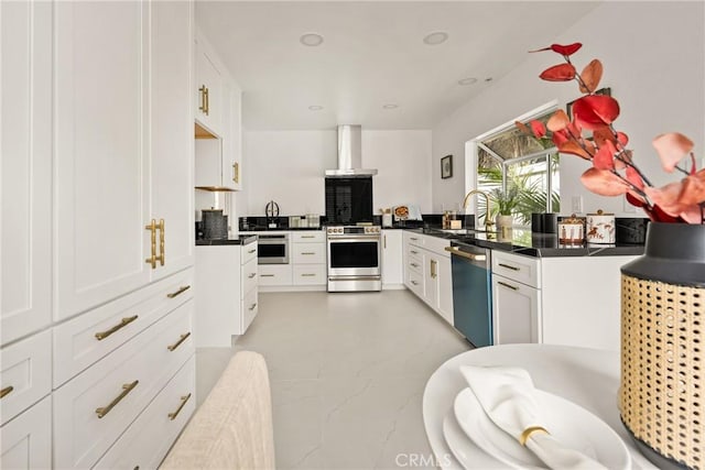 2122 Via Aguila, San Clemente, CA 92673 - kitchen with appliances with stainless steel finishes, wall chimney range hood, a sink, white cabinets, and recessed lighting