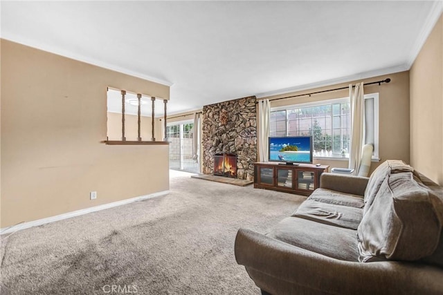1414 Fairplain Ave, Whittier, CA 90601 - carpeted living room featuring a fireplace, baseboards, and ornamental molding