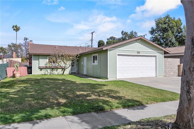 single story home featuring fence, driveway, a front lawn, and a garage