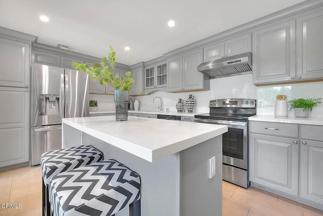 kitchen with visible vents, stainless steel appliances, gray cabinetry, and under cabinet range hood