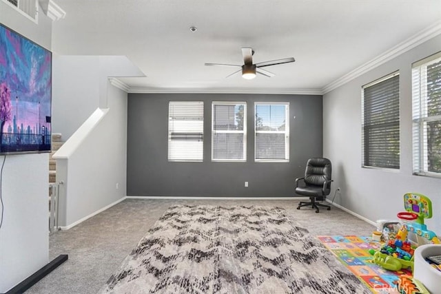 1441 Paseo Orion, San Diego, CA 92154 - rec room with crown molding, carpet flooring, baseboards, and ceiling fan