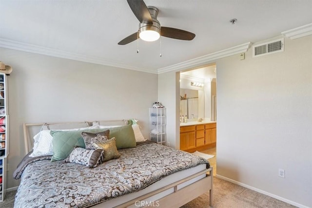1441 Paseo Orion, San Diego, CA 92154 - bedroom with visible vents, ornamental molding, baseboards, ensuite bathroom, and light colored carpet