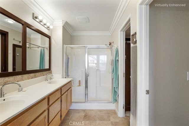 1441 Paseo Orion, San Diego, CA 92154 - full bath featuring a sink, ornamental molding, a stall shower, and double vanity