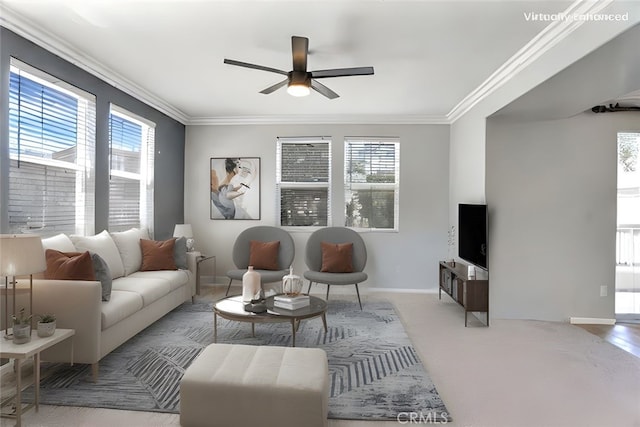 1441 Paseo Orion, San Diego, CA 92154 - living room with crown molding, baseboards, ceiling fan, and a healthy amount of sunlight