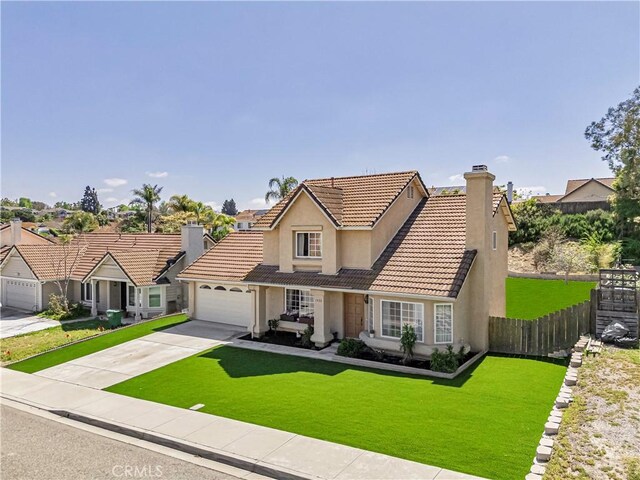 1426 Crestview Dr, Oceanside, CA 92056 - traditional-style house featuring stucco siding, a tile roof, a garage, driveway, and a chimney