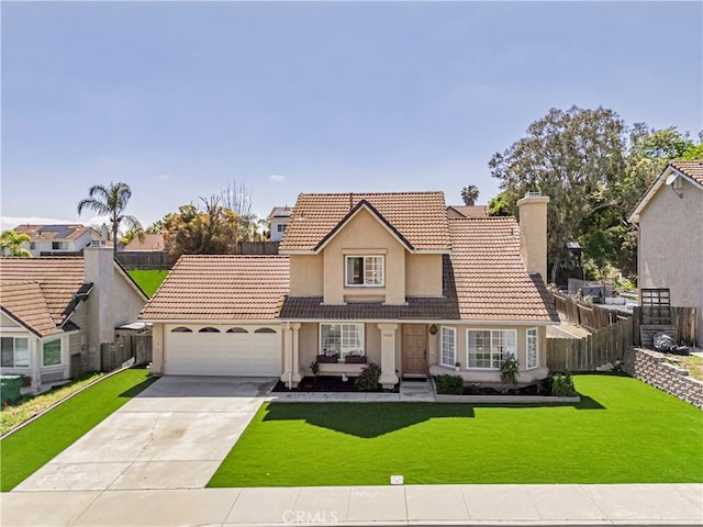 1426 Crestview Dr, Oceanside, CA 92056 - traditional-style home featuring an attached garage, stucco siding, concrete driveway, a tile roof, and a chimney