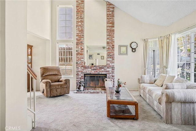 1426 Crestview Dr, Oceanside, CA 92056 - living room with carpet floors, high vaulted ceiling, and a fireplace
