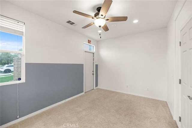 37544 River Oats Ln, Murrieta, CA 92563 - spare room with light carpet, baseboards, visible vents, recessed lighting, and ceiling fan