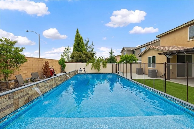 37544 River Oats Ln, Murrieta, CA 92563 - view of pool featuring a fenced in pool, a pergola, a fenced backyard, cooling unit, and a patio area