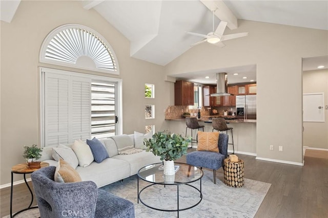 804 N Juanita Ave Unit B, Redondo Beach, CA 90277 - living area with baseboards, beamed ceiling, a ceiling fan, wood finished floors, and high vaulted ceiling
