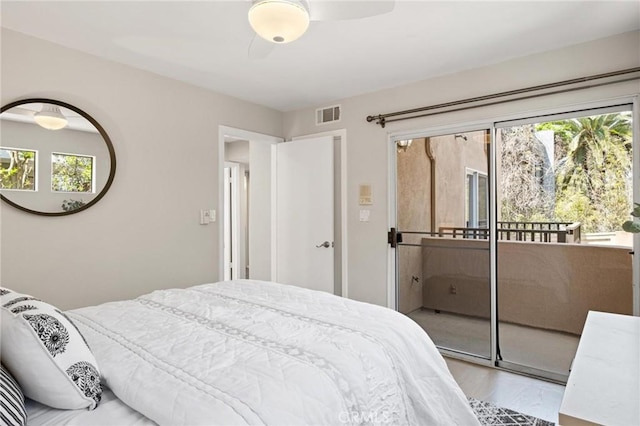804 N Juanita Ave Unit B, Redondo Beach, CA 90277 - bedroom featuring wood finished floors, visible vents, access to outside, and ceiling fan