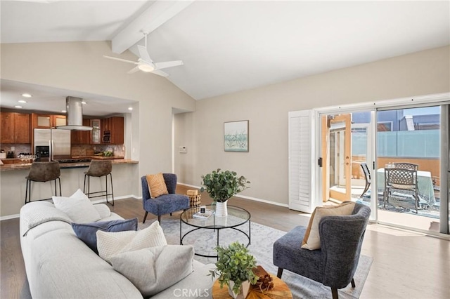 804 N Juanita Ave Unit B, Redondo Beach, CA 90277 - living area featuring light wood-style flooring, a ceiling fan, baseboards, and lofted ceiling with beams