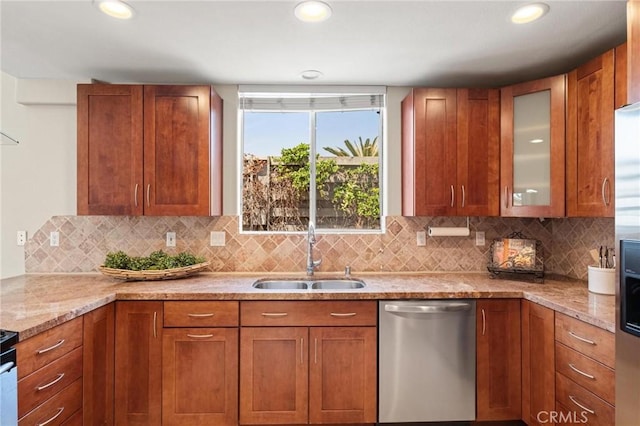 804 N Juanita Ave Unit B, Redondo Beach, CA 90277 - kitchen with glass insert cabinets, dishwasher, a sink, and brown cabinets