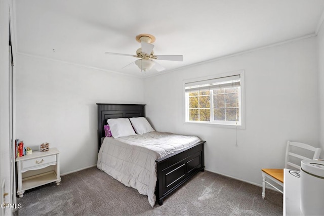 bedroom with crown molding, a ceiling fan, and carpet