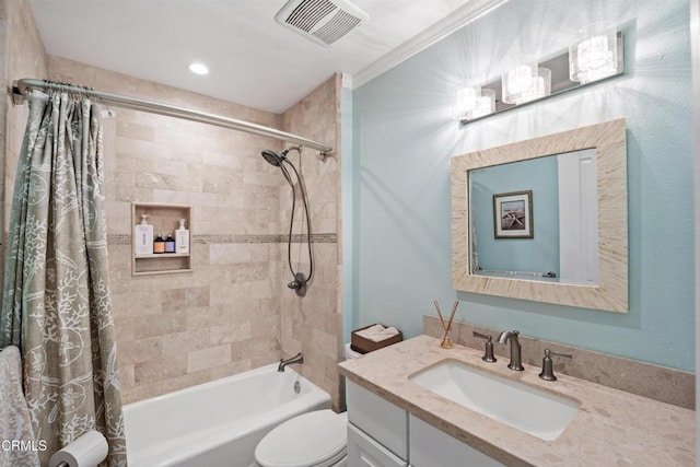 full bath with shower / bath combo, ornamental molding, toilet, vanity, and visible vents