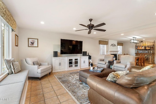 1894 Rambling Rd, Simi Valley, CA 93065 - living area featuring light tile patterned floors, ceiling fan, and recessed lighting