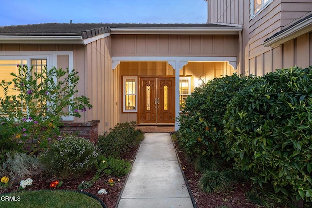 1894 Rambling Rd, Simi Valley, CA 93065 - view of exterior entry featuring board and batten siding and a shingled roof