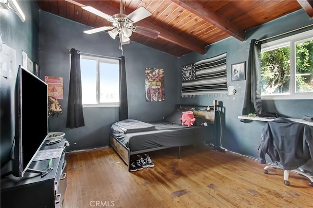 bedroom featuring lofted ceiling with beams, wooden ceiling, and multiple windows