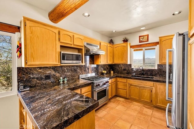 57710 Bandera Rd, Yucca Valley, CA 92284 - kitchen featuring a sink, a peninsula, stainless steel appliances, recessed lighting, and range hood