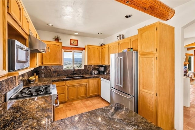 57710 Bandera Rd, Yucca Valley, CA 92284 - kitchen featuring under cabinet range hood, light tile patterned floors, a sink, stainless steel appliances, and tasteful backsplash