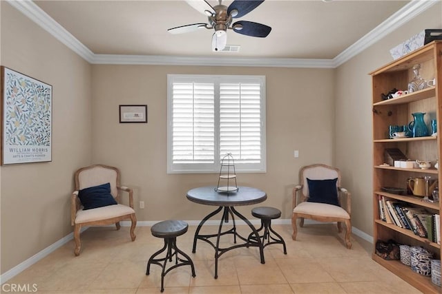 living area featuring ceiling fan, ornamental molding, tile patterned floors, and visible vents