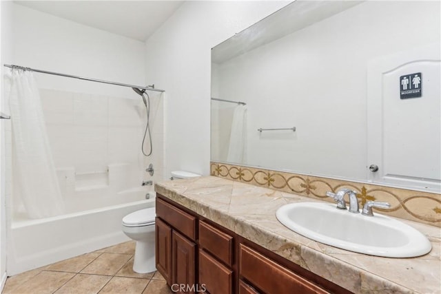 full bath with tile patterned flooring, shower / bath combination with curtain, toilet, and vanity