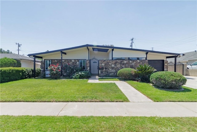 1080 Alta Loma Dr, Corona, CA 92882 - mid-century modern home with a garage, stone siding, and concrete driveway