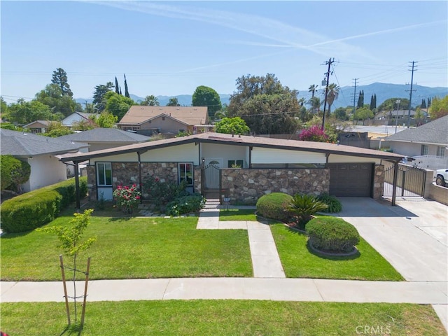 1080 Alta Loma Dr, Corona, CA 92882 - mid-century modern home with a gate, stone siding, and an attached garage