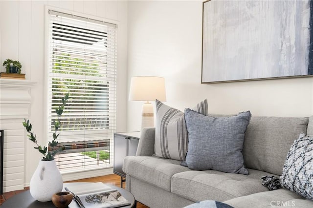 living room featuring a fireplace and a healthy amount of sunlight