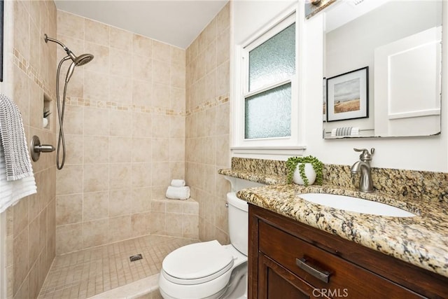 full bathroom featuring toilet, vanity, and tiled shower