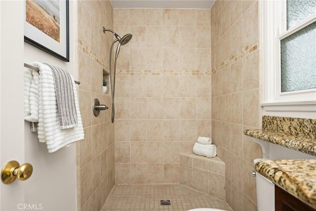 full bathroom with toilet, vanity, and a tile shower