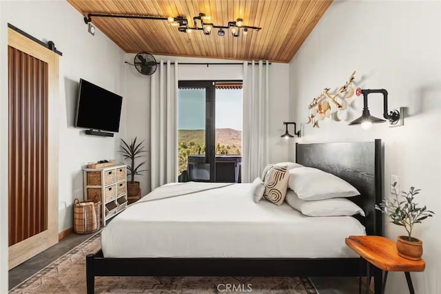 bedroom featuring wooden ceiling, a chandelier, baseboards, wood finished floors, and access to outside