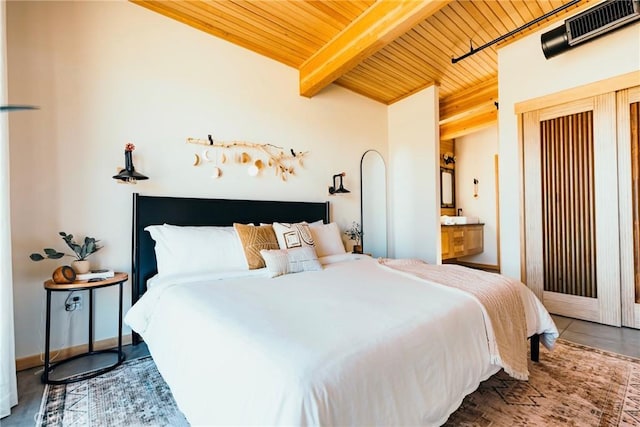 bedroom with wooden ceiling and connected bathroom