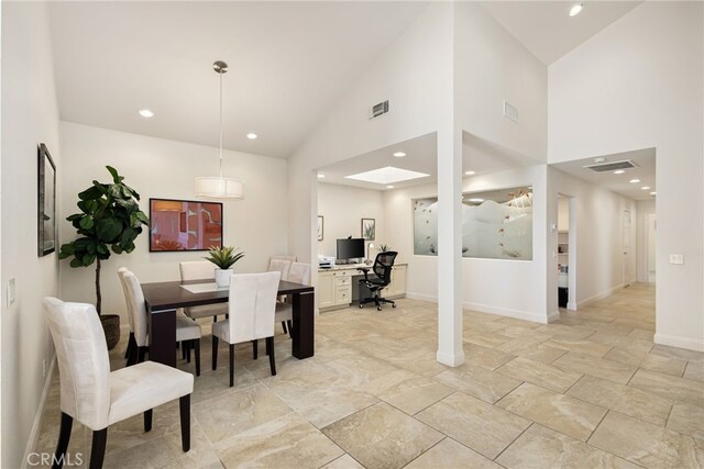 283 Wild Horse Dr, Palm Desert, CA 92211 - dining room with high vaulted ceiling, baseboards, visible vents, and recessed lighting