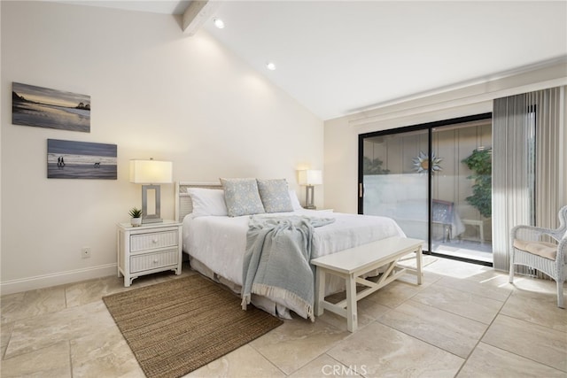 283 Wild Horse Dr, Palm Desert, CA 92211 - bedroom with baseboards, access to exterior, vaulted ceiling with beams, and recessed lighting