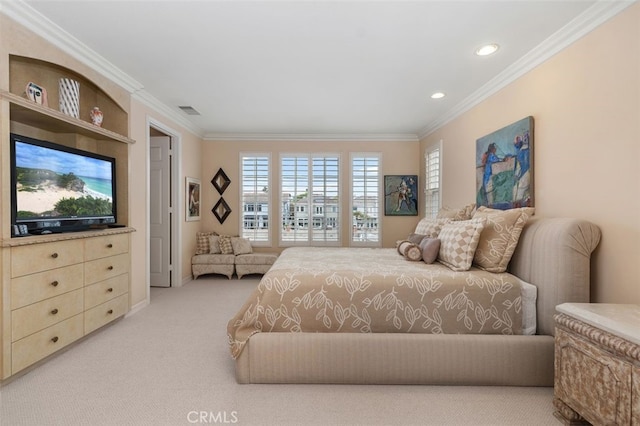 bedroom with visible vents, ornamental molding, carpet, and recessed lighting