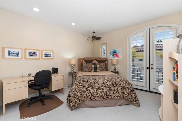 carpeted bedroom featuring french doors, recessed lighting, and access to exterior