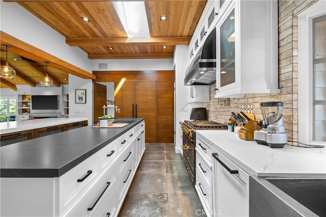 14 Chuckwagon Rd, Rolling Hills, CA 90274 - kitchen featuring wood ceiling, high end stove, white cabinetry, beamed ceiling, and tasteful backsplash