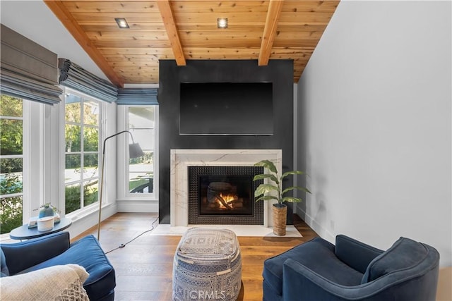 14 Chuckwagon Rd, Rolling Hills, CA 90274 - interior space featuring wooden ceiling, vaulted ceiling with beams, a fireplace with flush hearth, and plenty of natural light