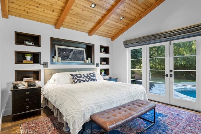 14 Chuckwagon Rd, Rolling Hills, CA 90274 - bedroom with lofted ceiling with beams, french doors, wood finished floors, wood ceiling, and access to outside