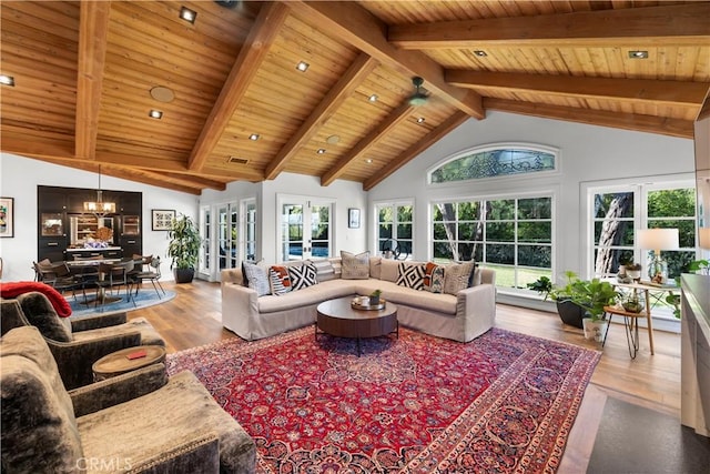 14 Chuckwagon Rd, Rolling Hills, CA 90274 - living area with an inviting chandelier, wooden ceiling, and wood finished floors