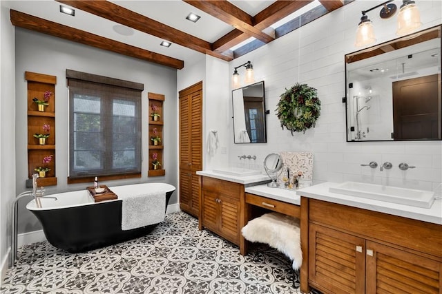 14 Chuckwagon Rd, Rolling Hills, CA 90274 - full bath featuring vanity, decorative backsplash, baseboards, and a freestanding bath