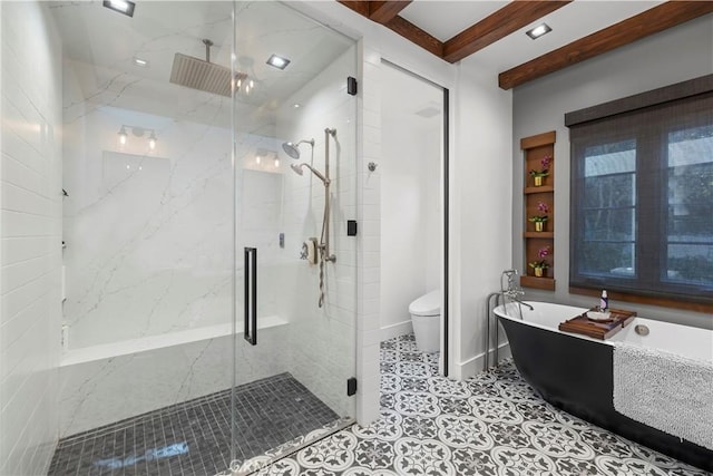 14 Chuckwagon Rd, Rolling Hills, CA 90274 - full bathroom featuring toilet, a marble finish shower, beam ceiling, a soaking tub, and tile patterned flooring