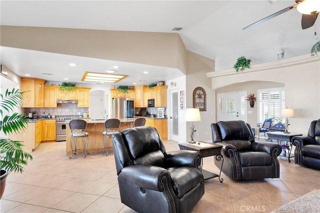 living area with recessed lighting, visible vents, a ceiling fan, and light tile patterned floors